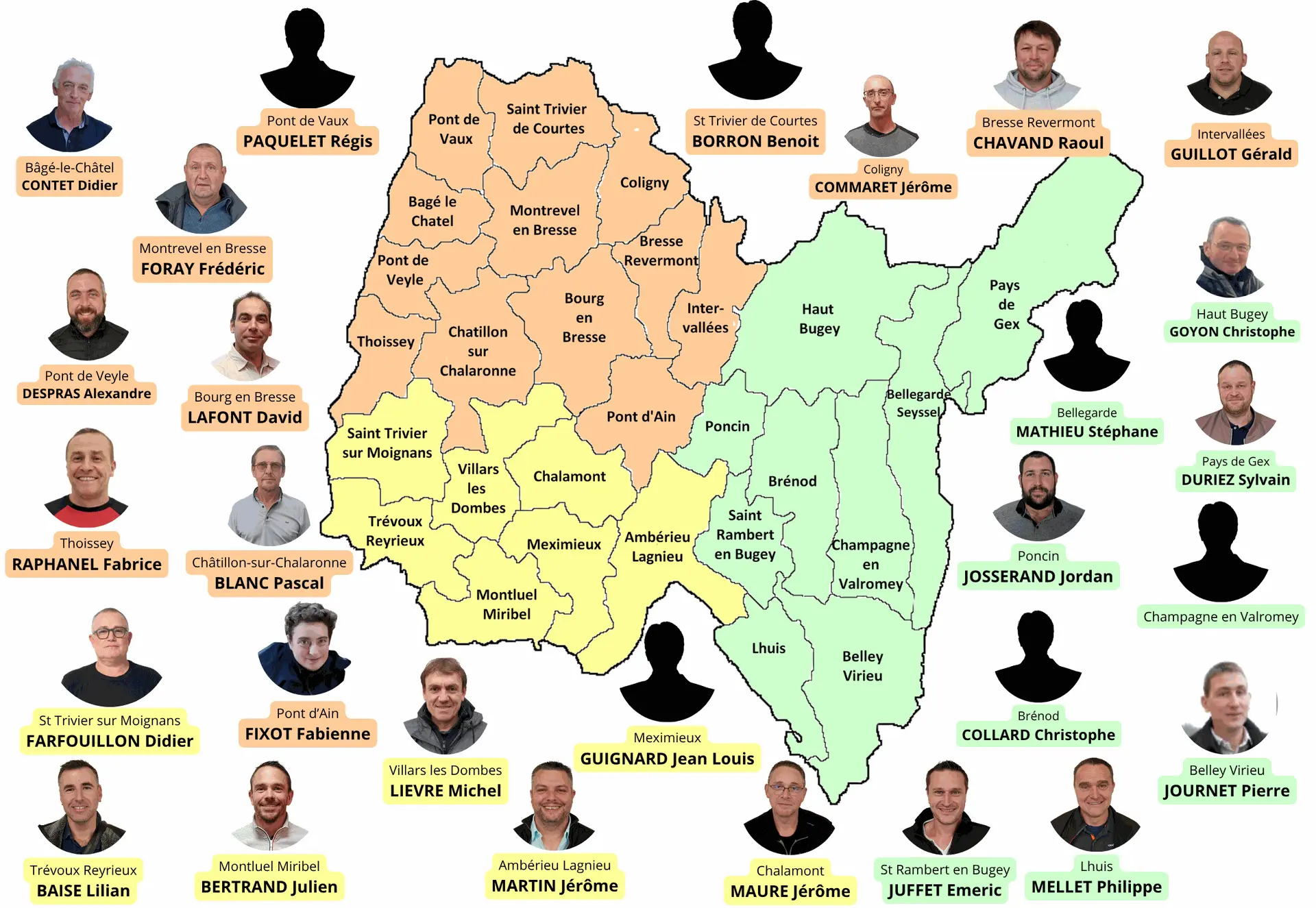 Carte des 28 cantons de l'Ain avec les représentants syndicaux FDSEA 01 - maillage territorial agricole